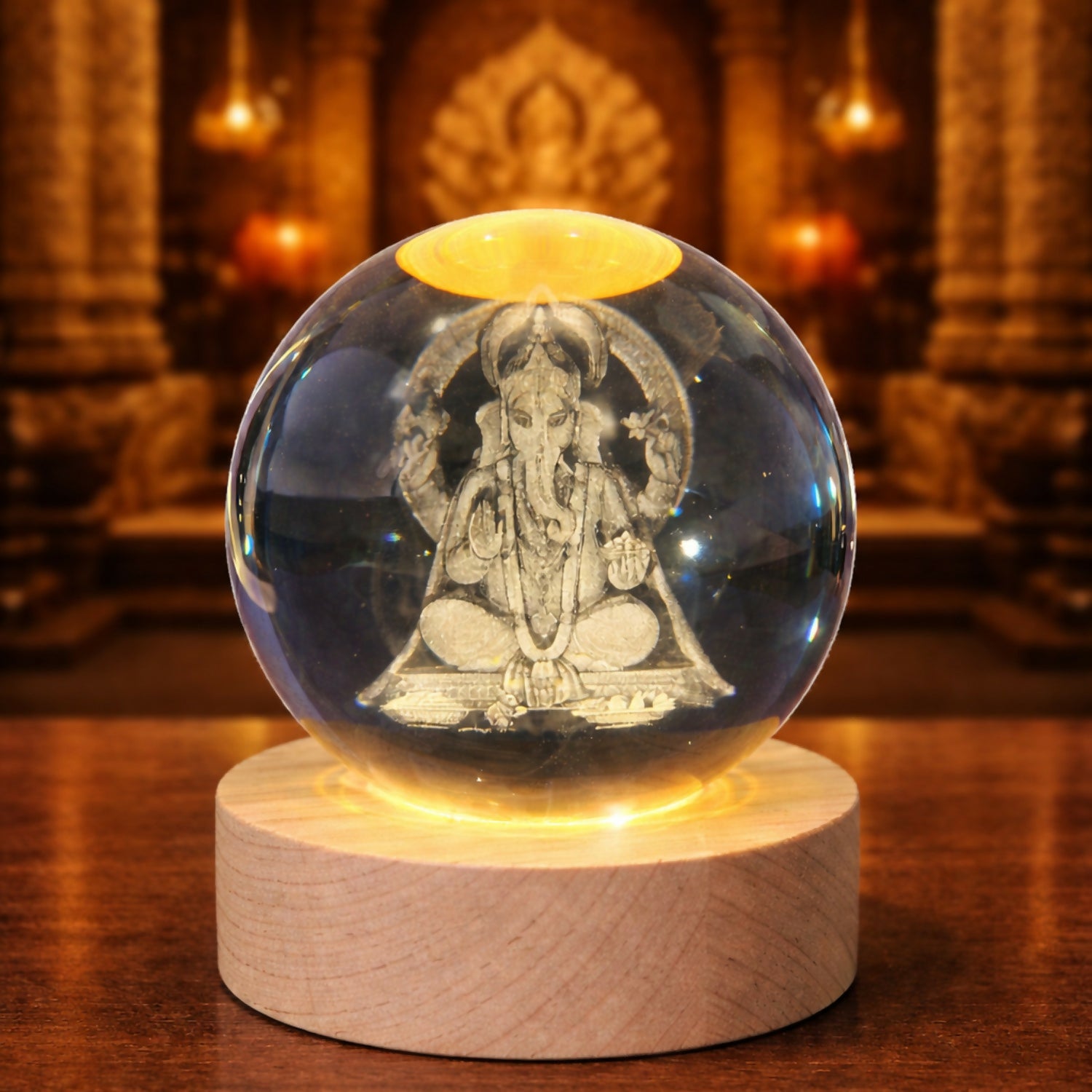 3D Crystal Ganesh Night Lamp with Wooden Base, USB Powered Decorative Light