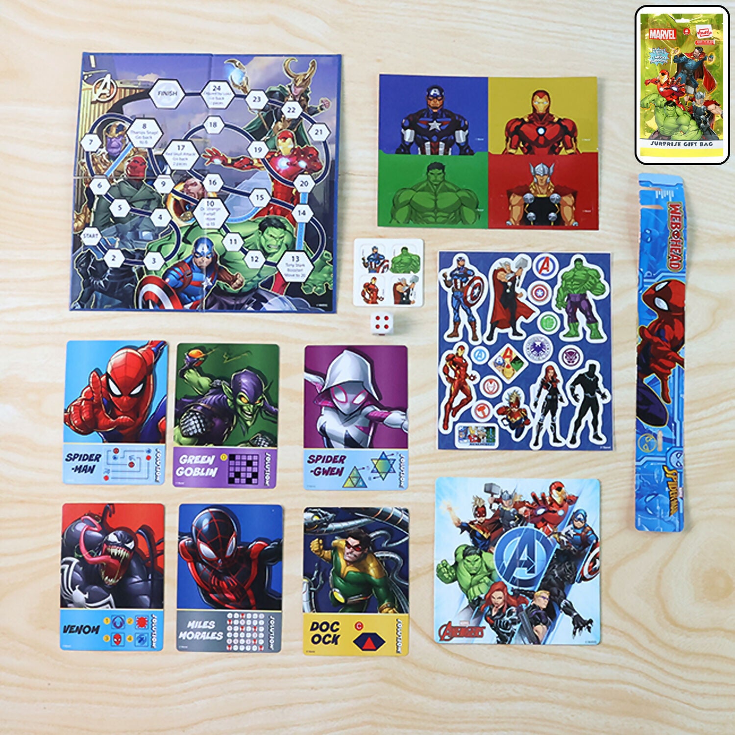 Marvel Surprise Gift Bag – Sticker Sheets, Puzzles, Activity Cards & Wristband for Kids
