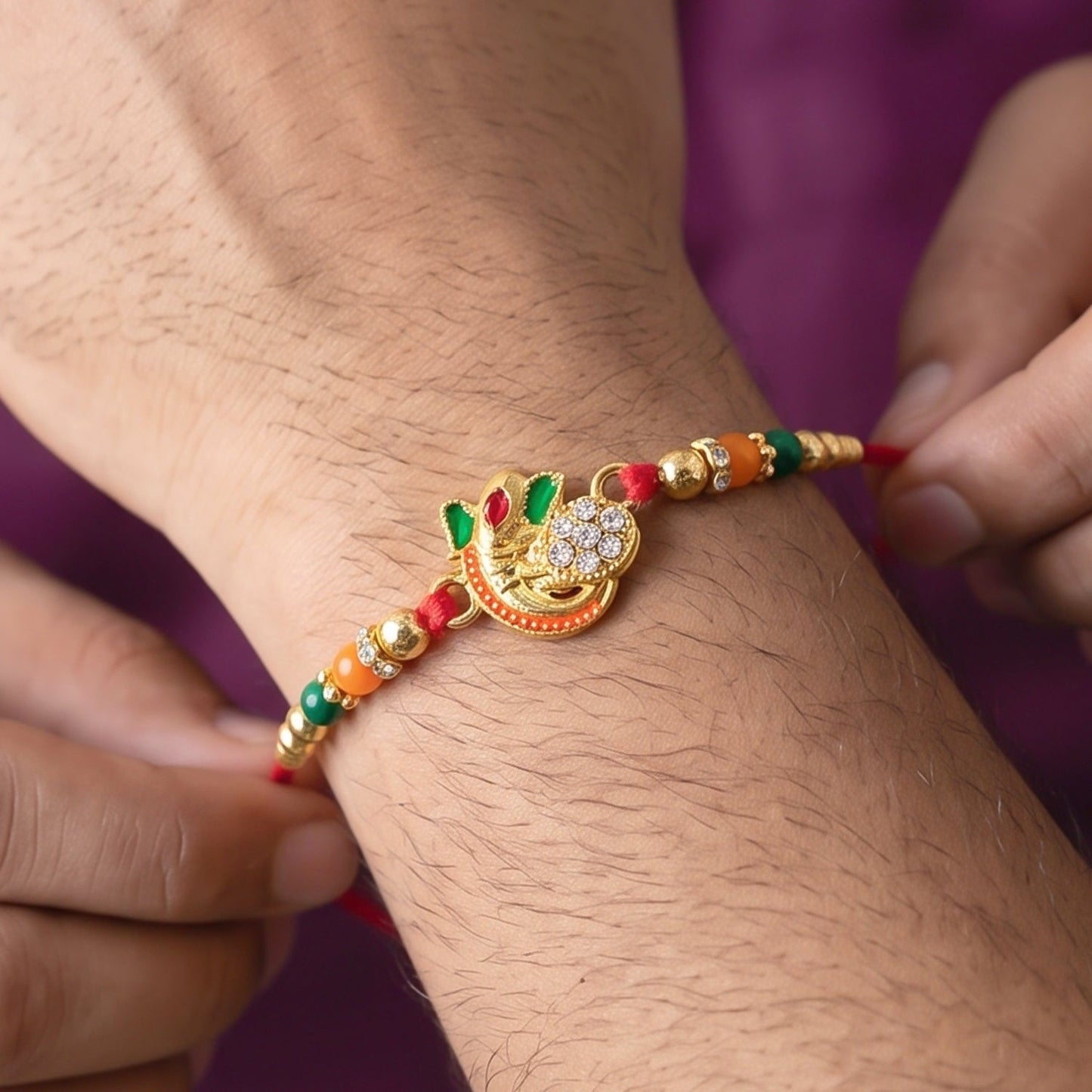 Om Rakhi for Brother Traditional Multicolor Beads on Red Thread (10pcs)