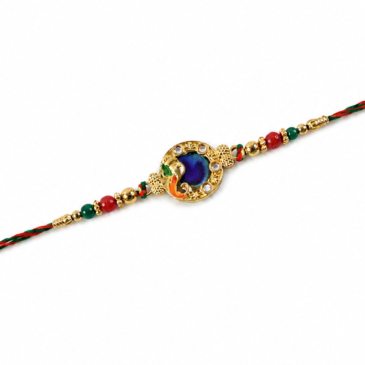 Classic Rakhi with Peacock Circle Charm, leaf touch and thread look for Gift Use