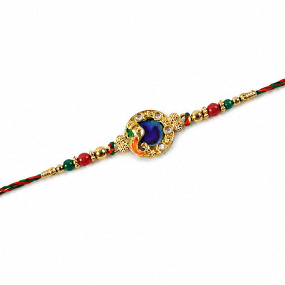 Classic Rakhi with Peacock Circle Charm, leaf touch and thread look for Gift Use