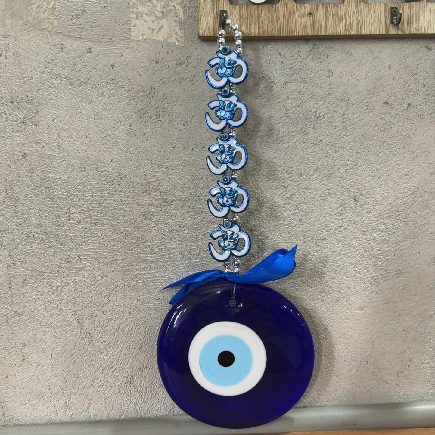 Evil Eye Wall Hanging with Blue Lotus & Om Design – Nazar Battu Hanging for Home, Office & Car Décor, Protection Symbol with Decorative Ribbon, Good Luck Charm, Gift Item (Blue)