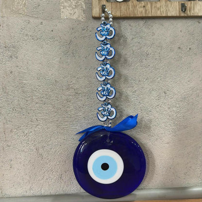 Evil Eye Wall Hanging with Blue Lotus & Om Design – Nazar Battu Hanging for Home, Office & Car Décor, Protection Symbol with Decorative Ribbon, Good Luck Charm, Gift Item (Blue)