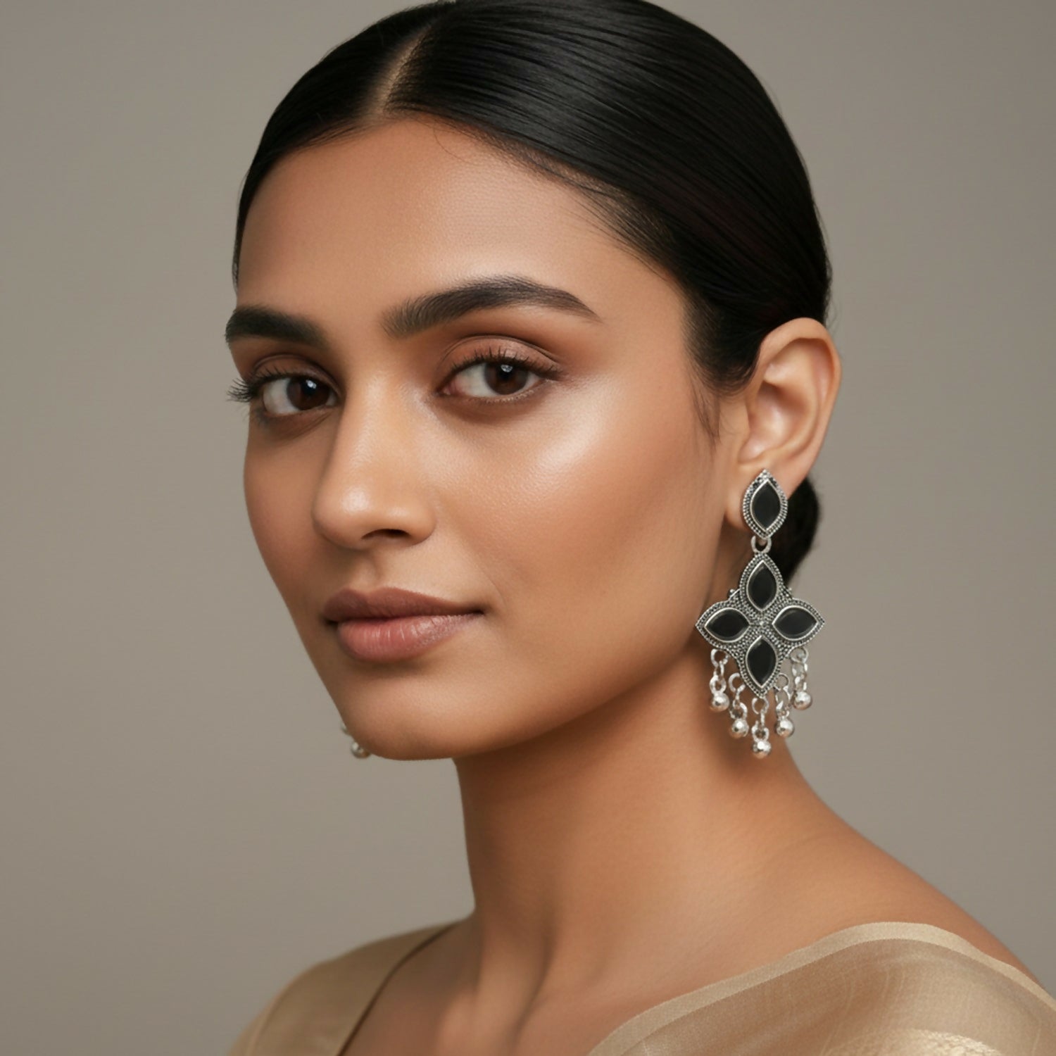 Elegant Oxidised Silver Mirror Jhumka Earings