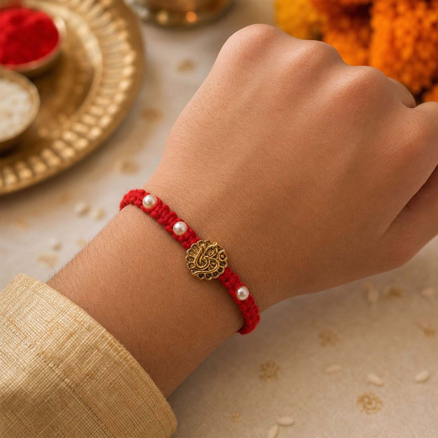 Red Braided Rakhi with Antique Gold Om Pendant and Lustrous Pearls