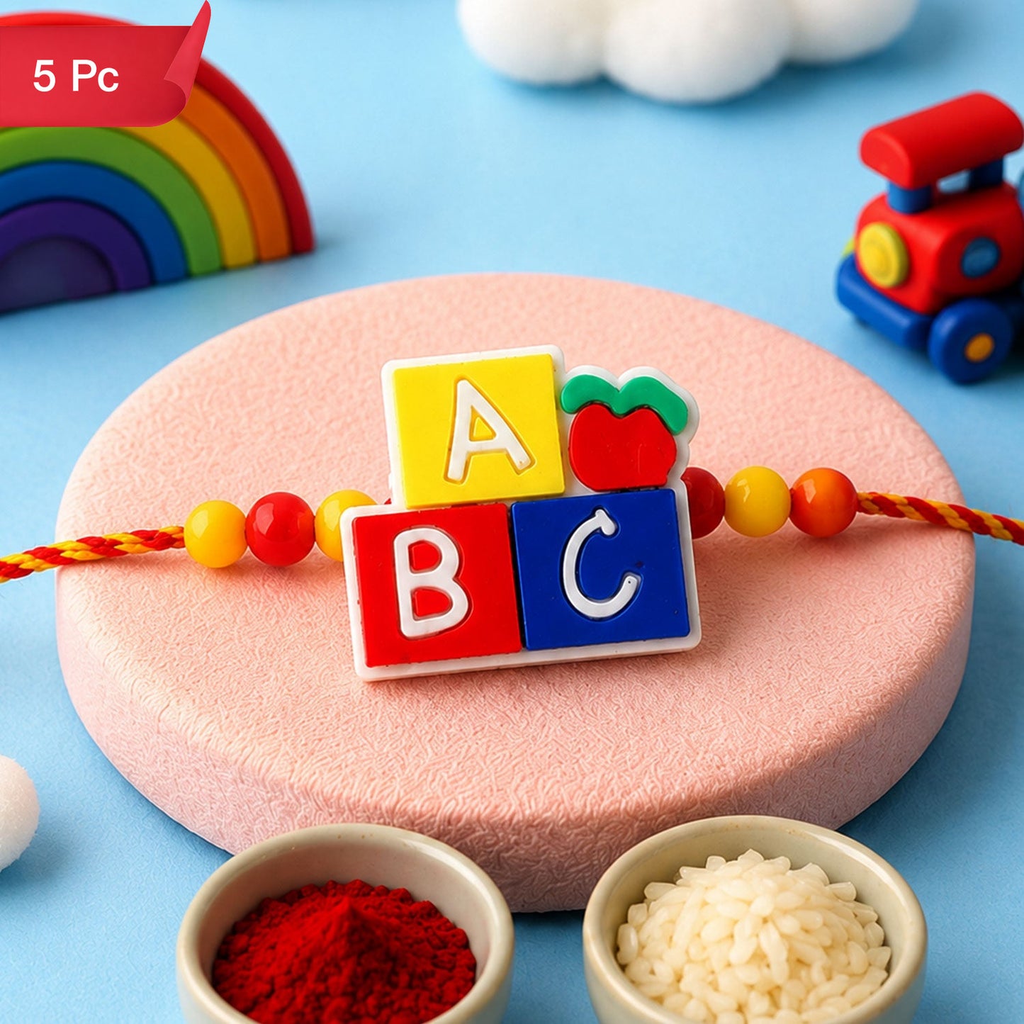 Kids Beaded Rakhi for Brother - Alphabet Blocks Cartoon Design (5pcs)