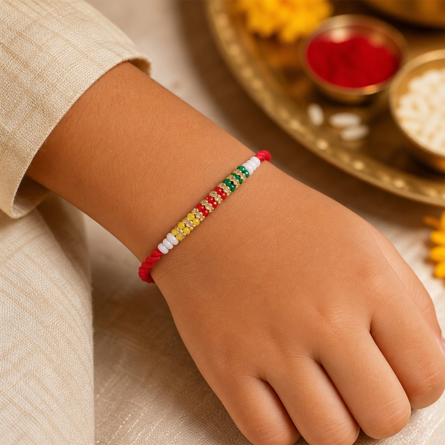 Red Braided Rakhi with Green, Yellow and White Bead Pendant Row