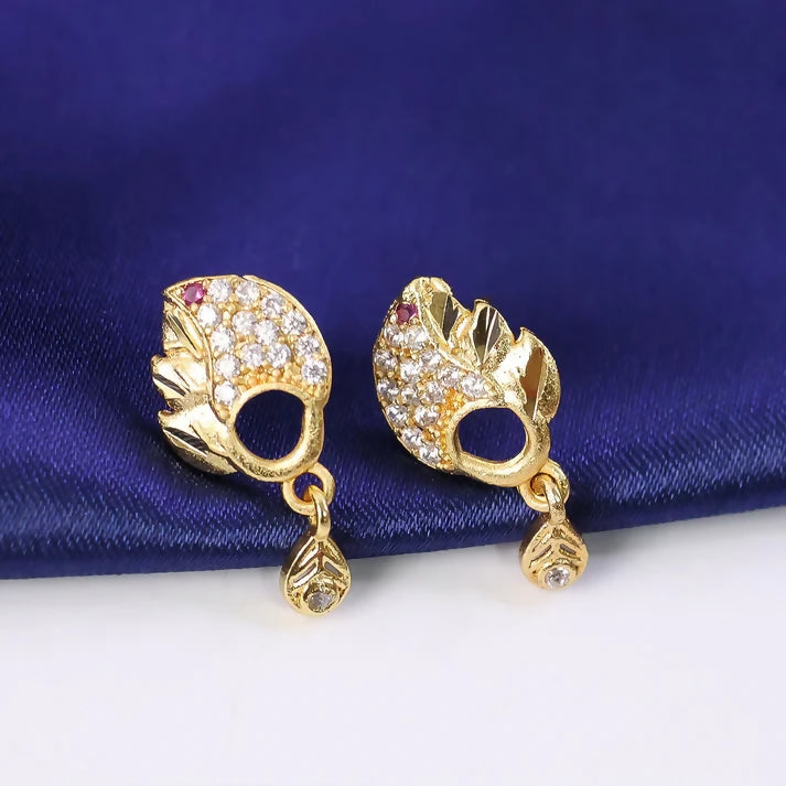 Elegant Gold Finish Leaf Pattern Stud Earrings With Sparkling Stone Drop Design