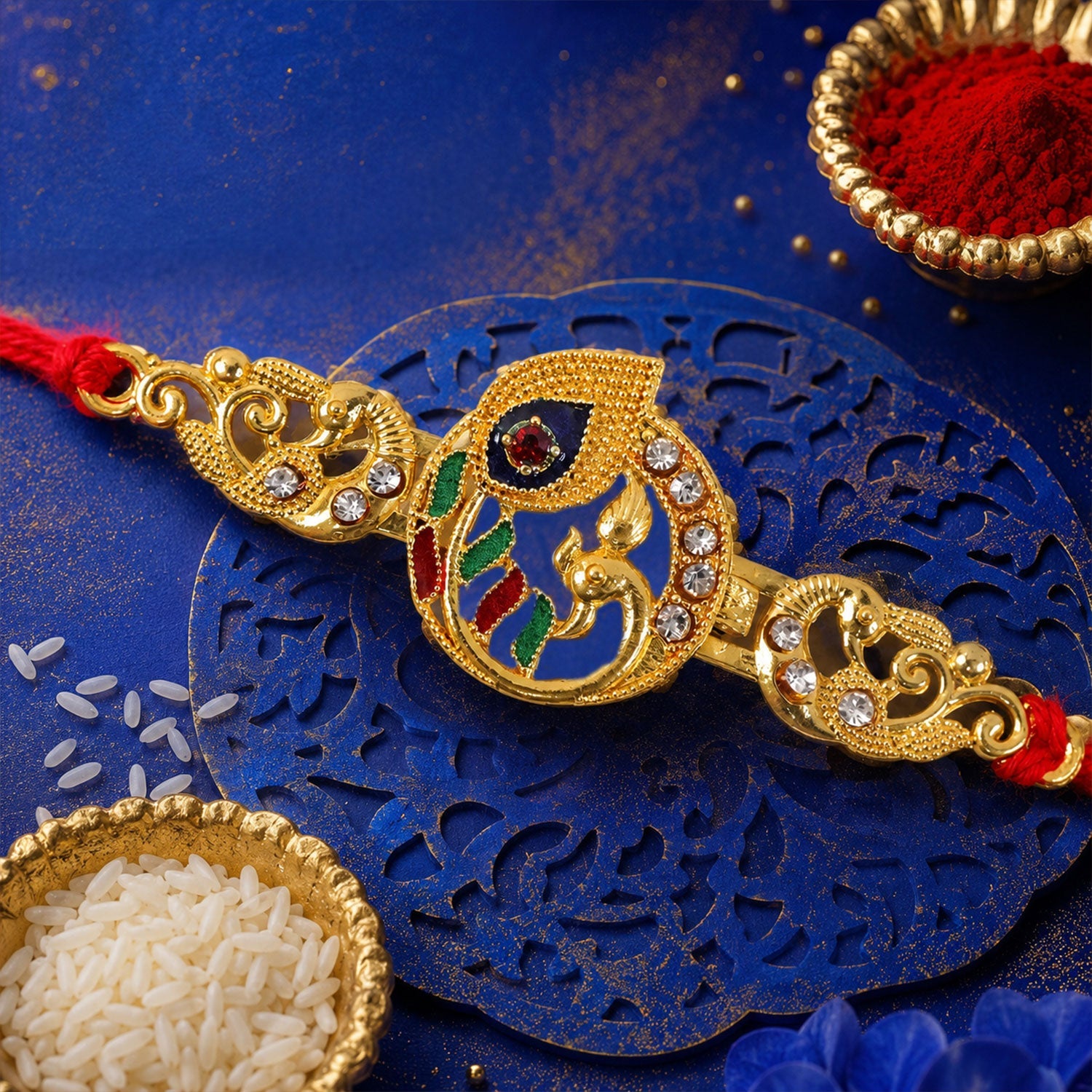 Krishna Flute Rakhi Golden Enamel Red Thread for Raksha Bandhan (10pcs)