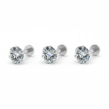 Three silver plated nosepin studs arranged to show six-prong simulated diamond setting