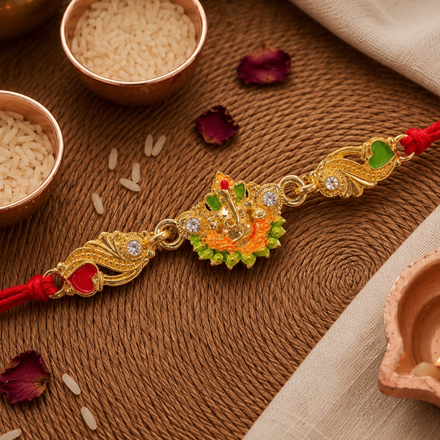 Gold-Toned Lord Ganesha Rakhi with Orange-Green Enamel, Crystal Accents & Red Thread