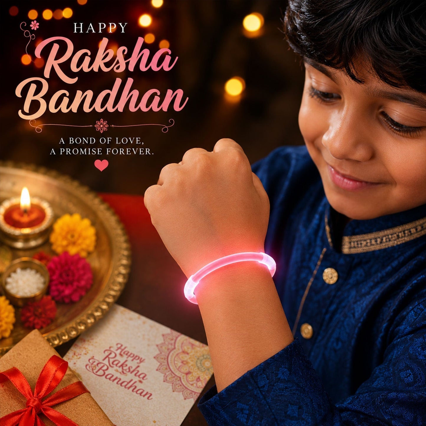 Pink Neon Glow Band Rakhi with Choco Magic, Pack of 3