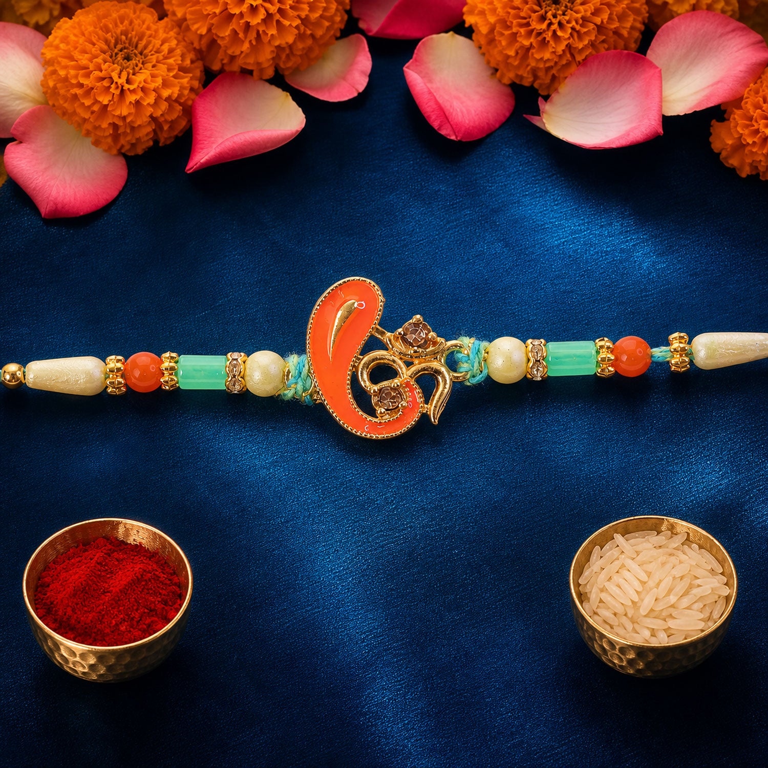 Traditional Rakhi with Om Symbol Charm and leaf detail in thread style for Gift Use