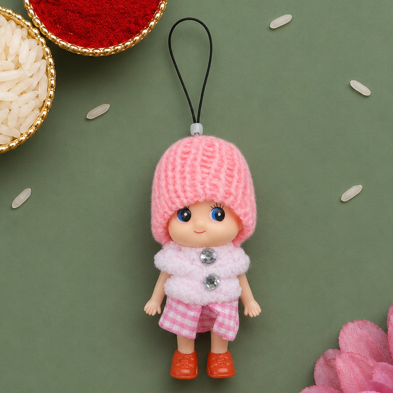 Bal Krishna Cow Cartoon Printed Rakhi with Cute Doll Keychain Combo (2)
