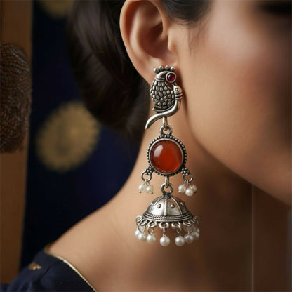 Oxidised Bird Design Jhumka Earrings with Stone Center and Pearl Drops for Women