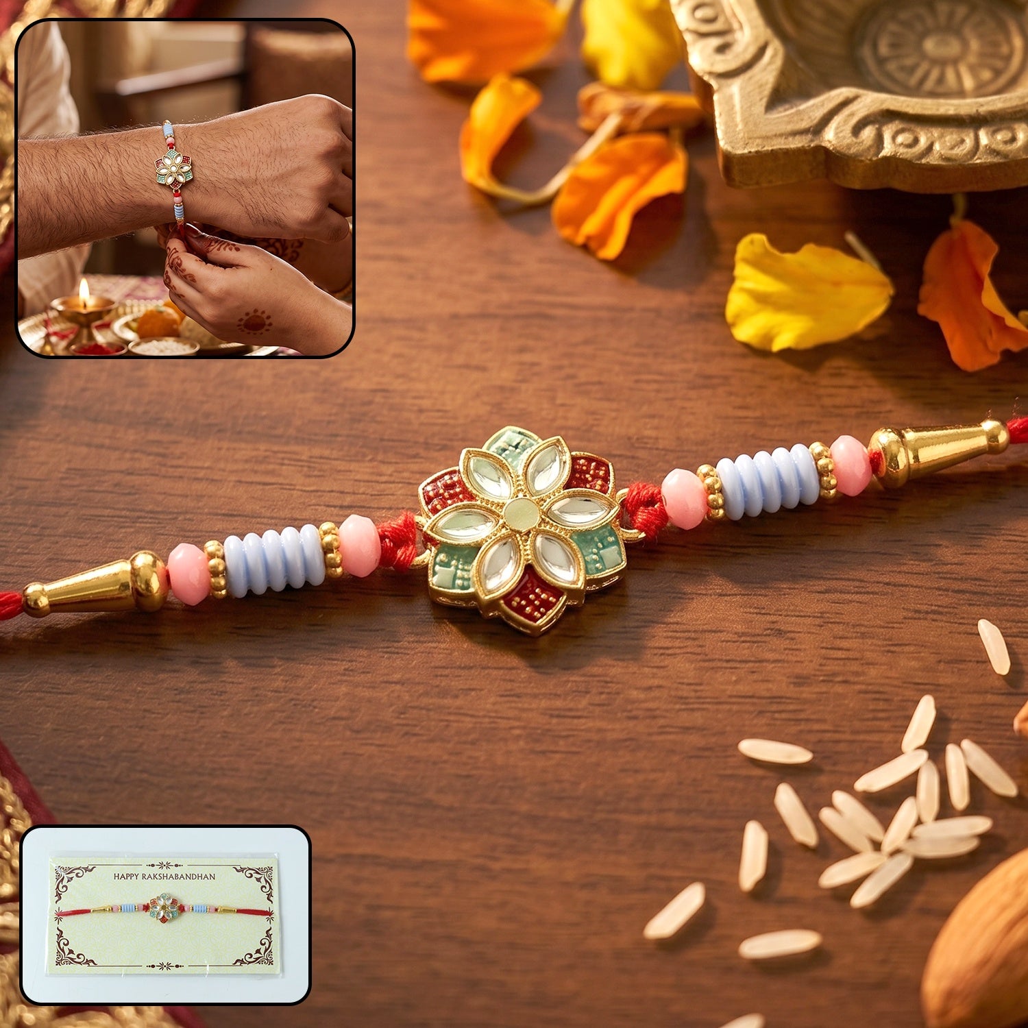 Floral Kundan Star Petal Designer Rakhi on white background