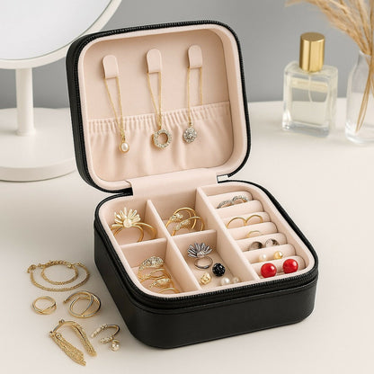 Premium Travel Jewelry Organizer Box with Ring Slots & Necklace Hooks – Black