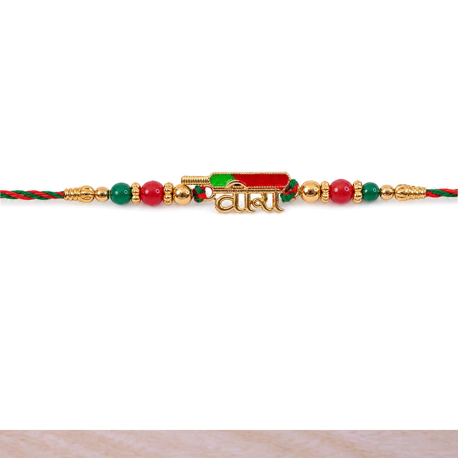Premium Rakhi showcasing Bhai Text Plaque, clean frame and wrist look for Gift Use
