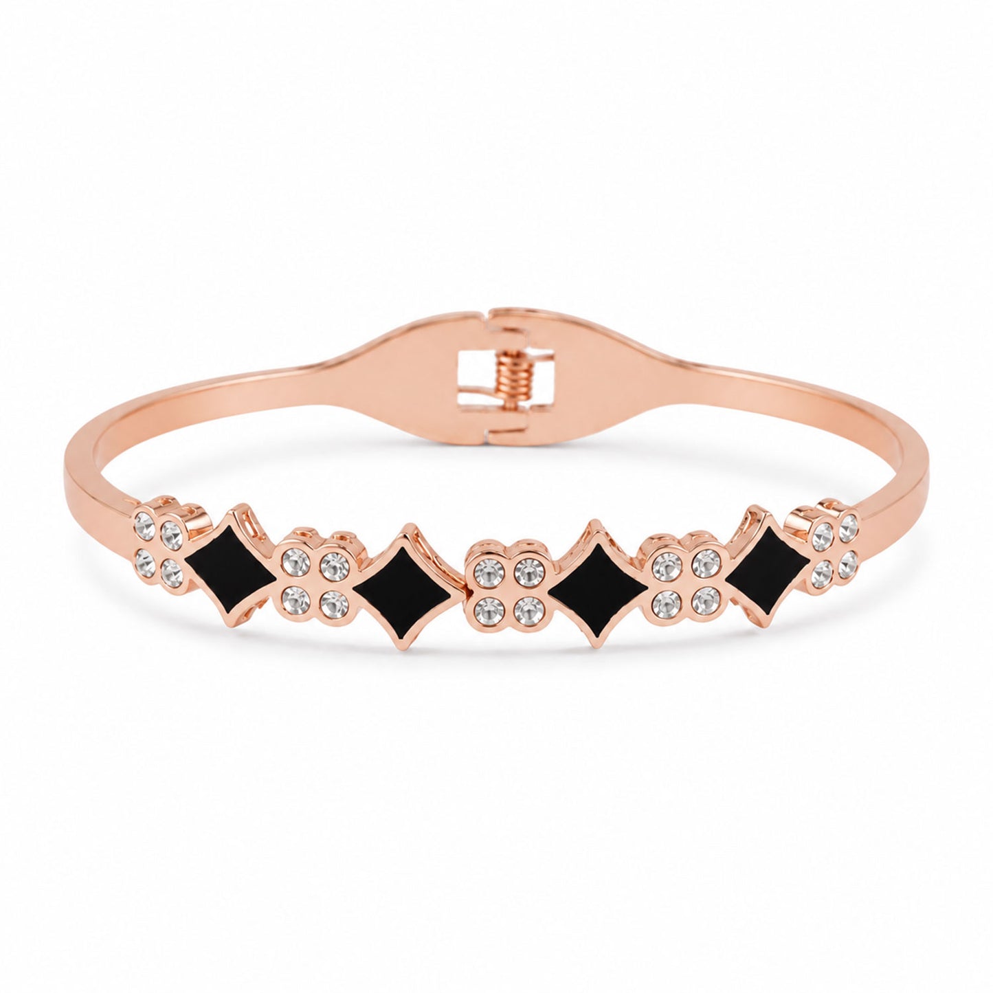 Rose Gold Watch with Square Shape Dial Bracelet Design and Black Stone Details