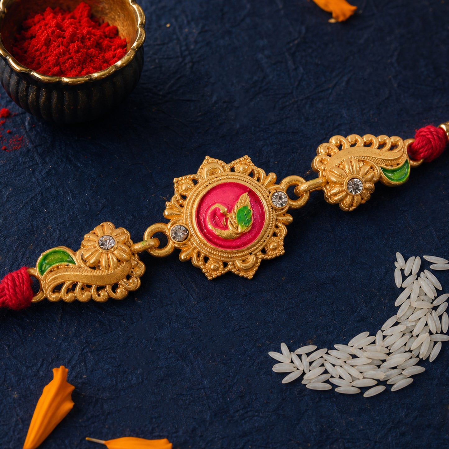 Designer Rakhi showcasing Floral Rosette, gold trims and gift style for Gift Styling