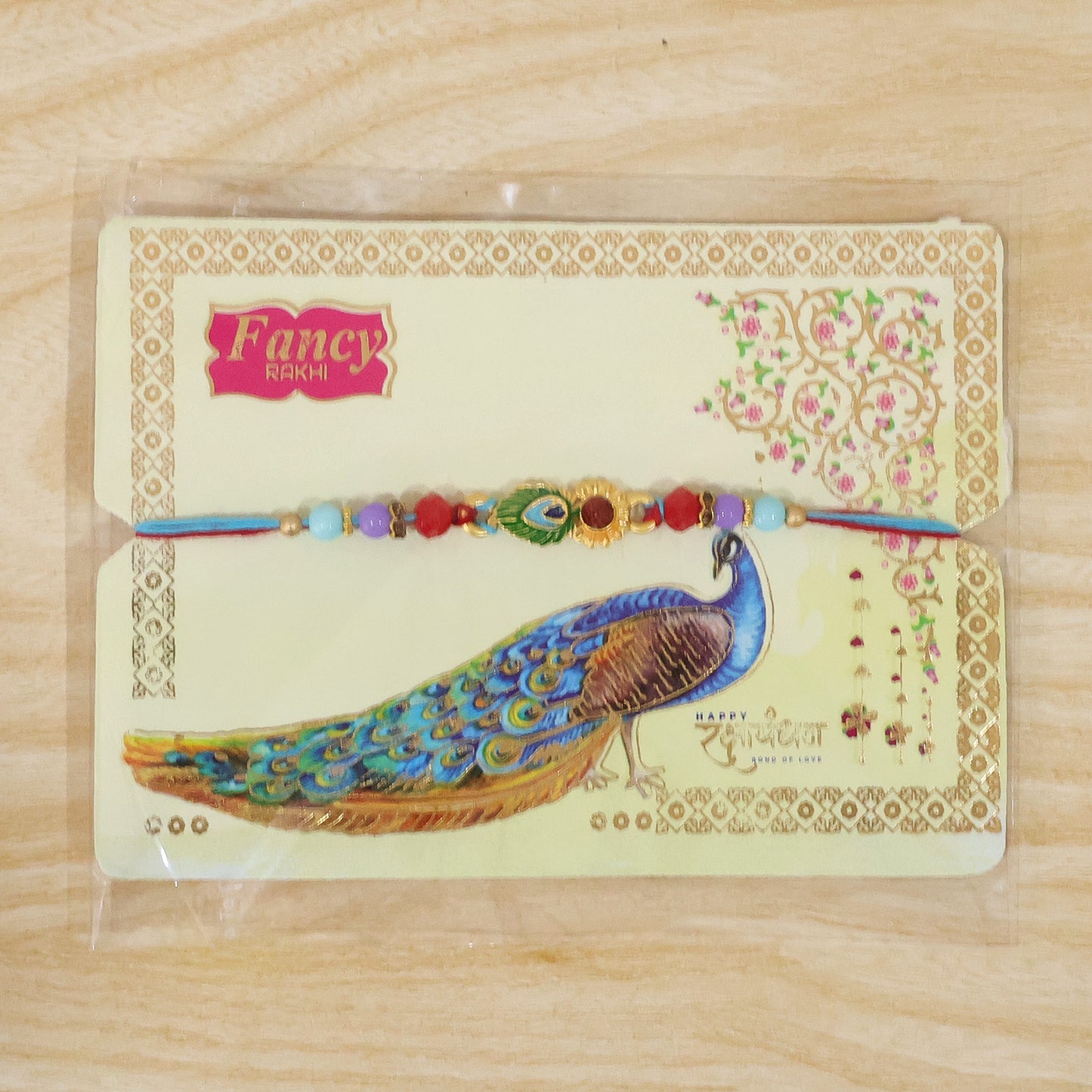Peacock Feather Enamel Floral Stone Crystal Beads Designer Rakhi