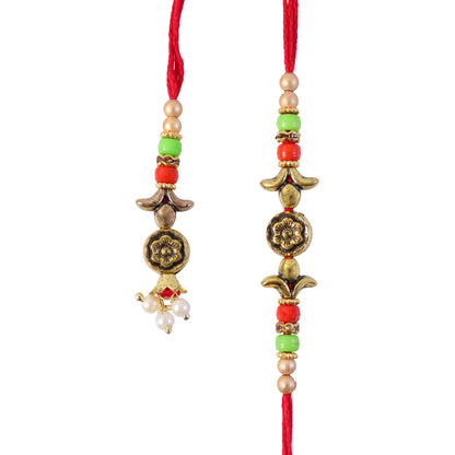Graceful Floral Cluster Bhai Bhabhi Rakhi with Flower Center and Beads for Gifting