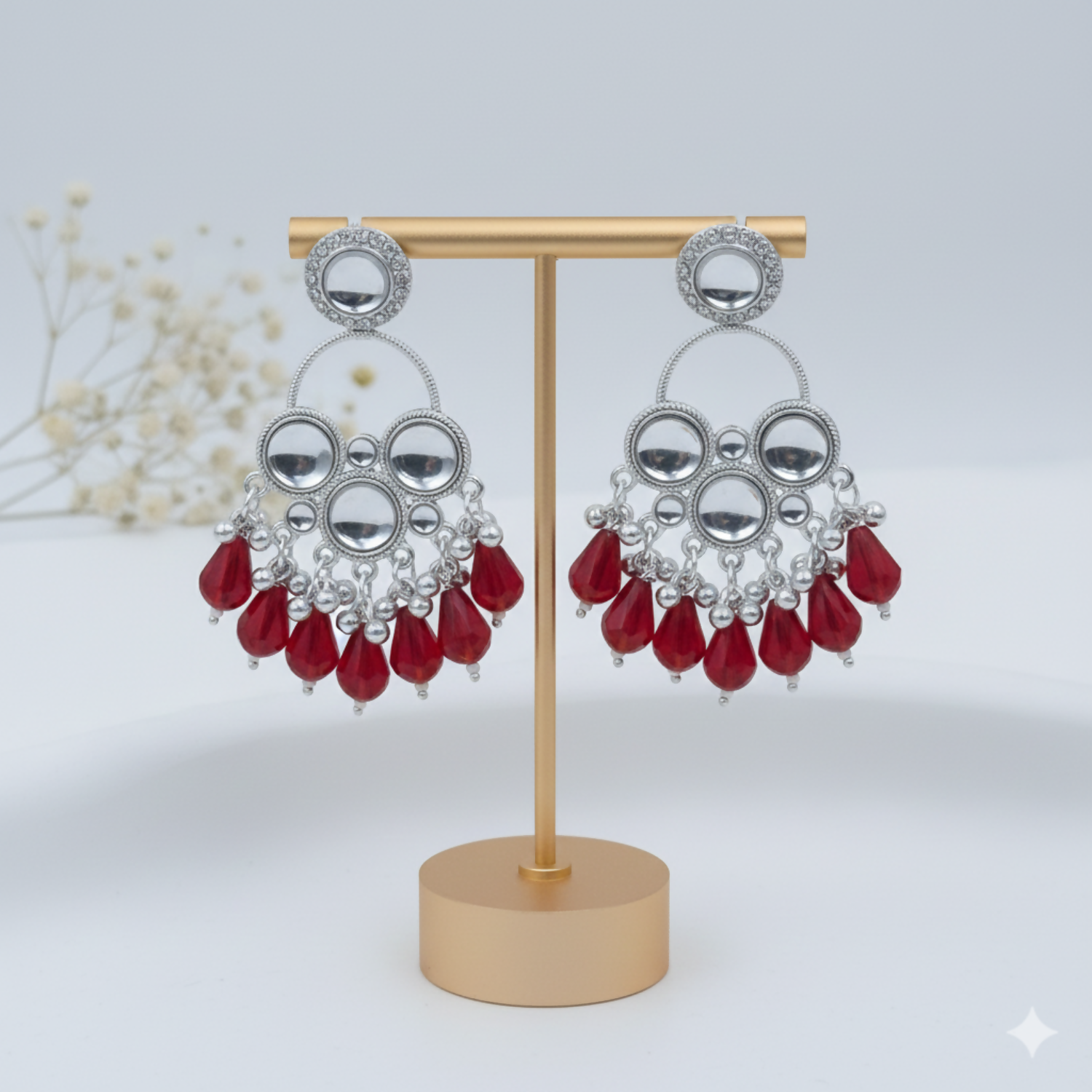 Kundan Red Pearl Silver Plated Chandbali Earrings Agate Alloy Chandbali Earring