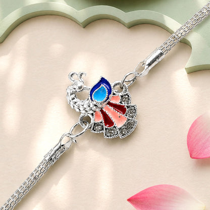 Stylish Peacock Enamel Crystal Studded Silver Chain Designer Rakhi