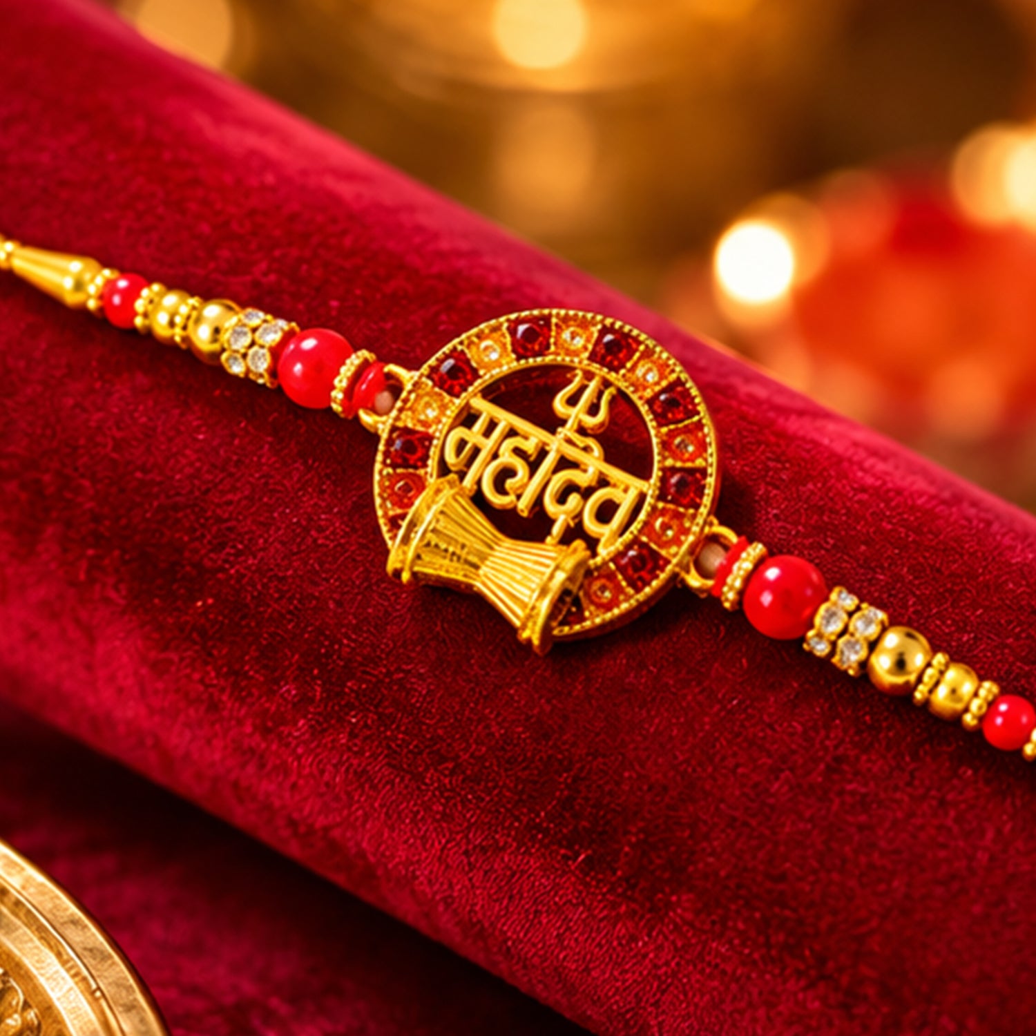 Mahadev Trishul Damru Round Rakhi with Red Pearls and Premium Center
