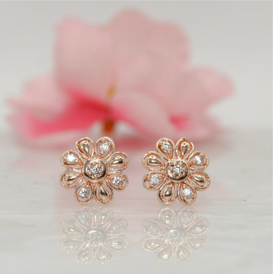 Rose Gold Diamond Flower Stud Earrings for women and girls