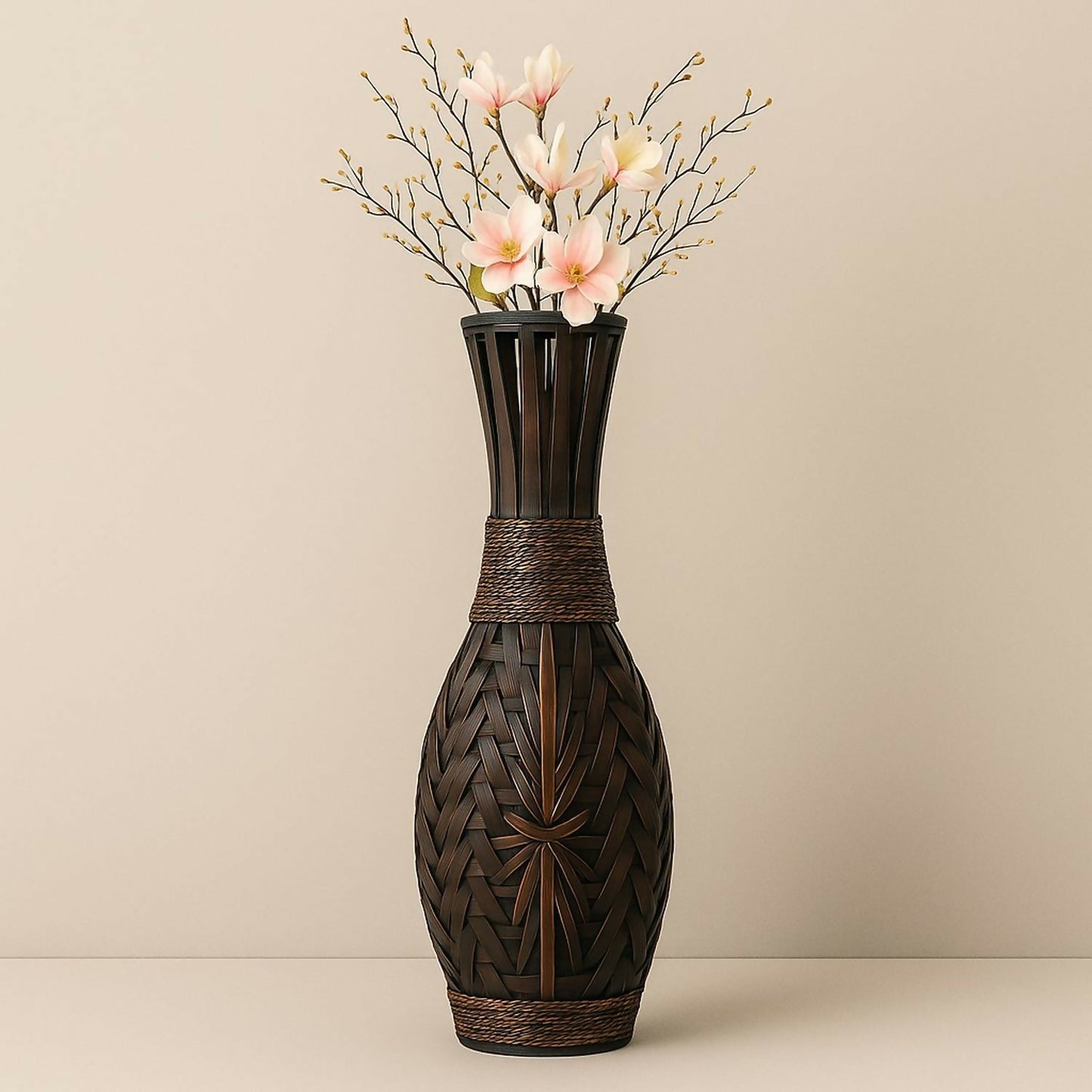 HOME DECOR Premium Handcrafted Dark Brown Woven Decorative Floor Vase – Tall Bamboo Style Flower Pot with Braided Detailing for Living Room, Bedroom, Office & Home Décor (Approx. 27 inch)