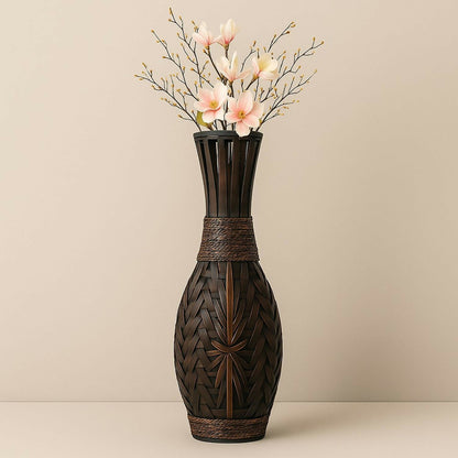 HOME DECOR Premium Handcrafted Dark Brown Woven Decorative Floor Vase – Tall Bamboo Style Flower Pot with Braided Detailing for Living Room, Bedroom, Office & Home Décor (Approx. 27 inch)