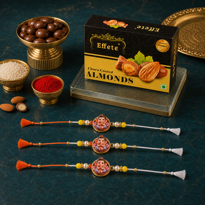Ganesha Photo Rakhi with Chocolate Almonds, Pack of 3