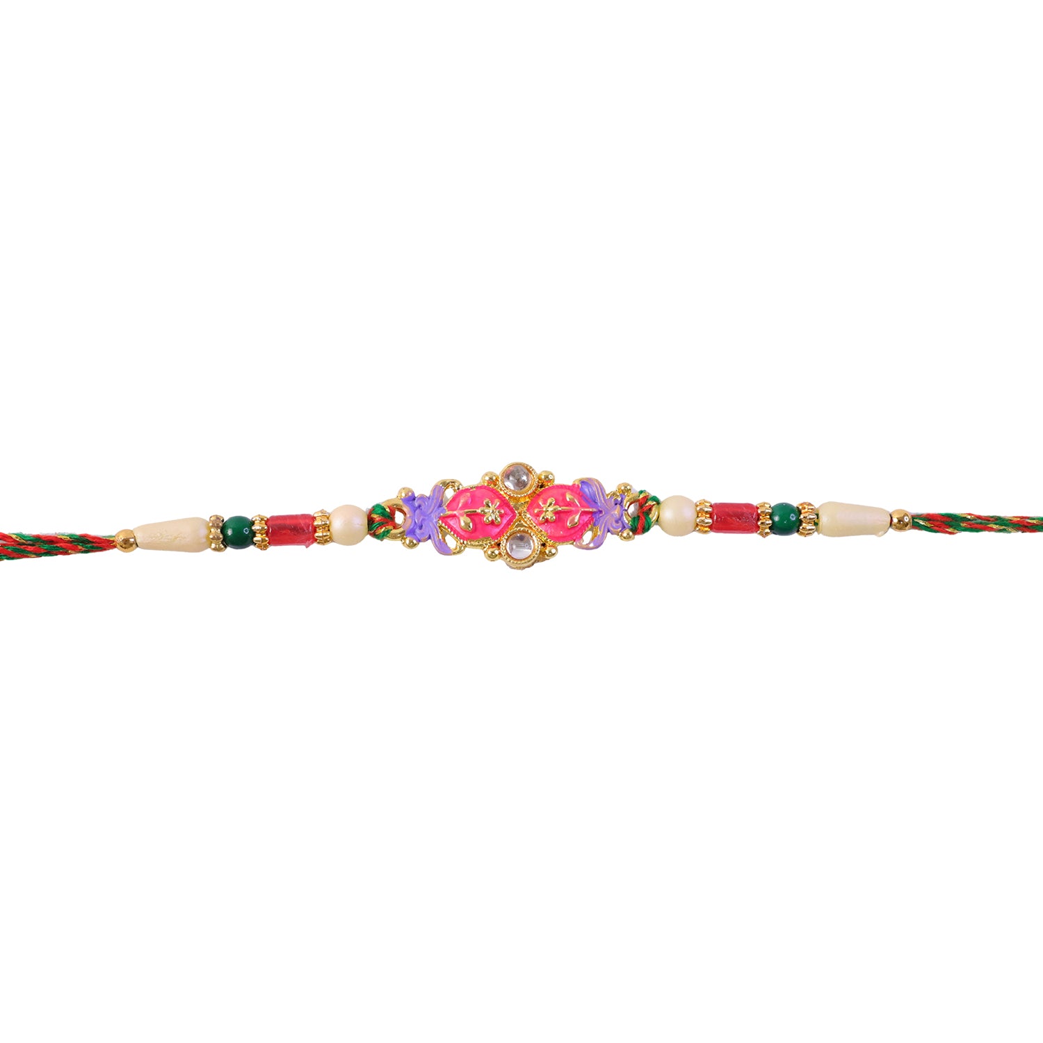 Pink and Purple Flower Kundan Pendant Rakhi with Pastel Beads