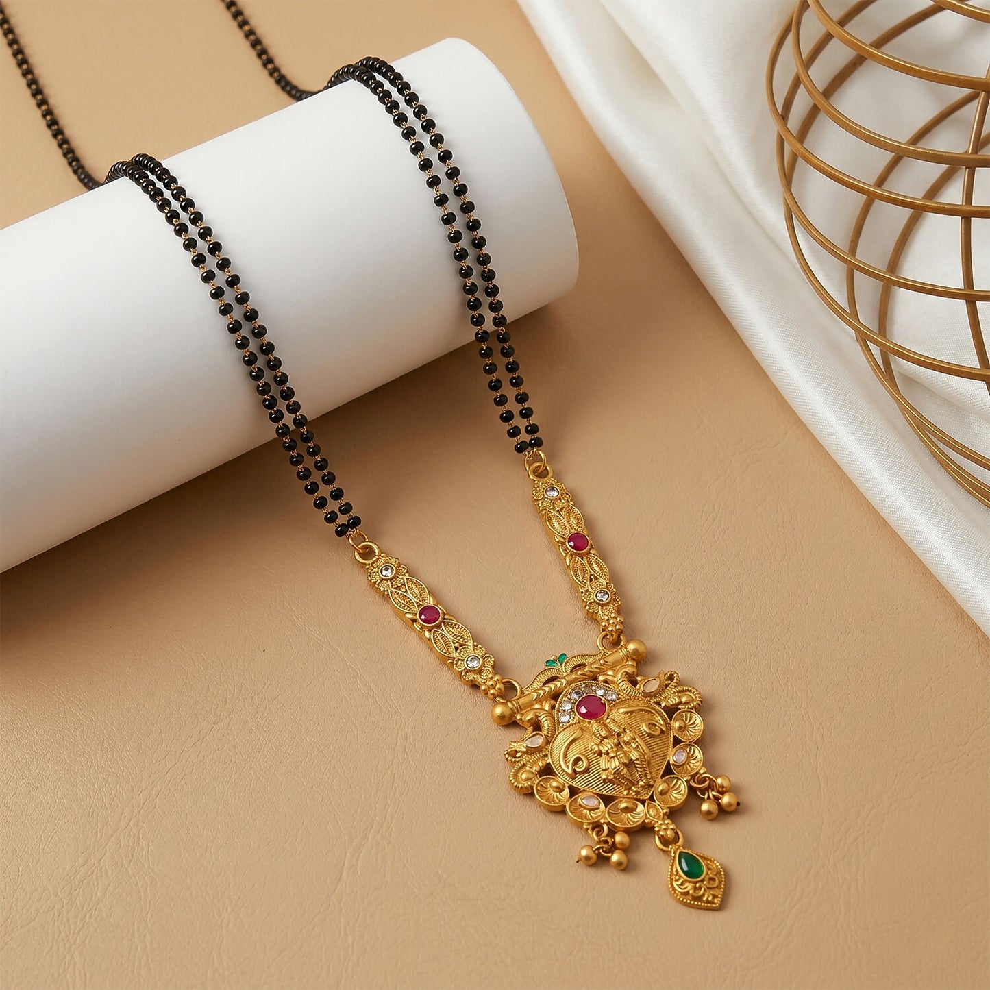 Antique Finish Radha Krishna Deity Medallion with Teal Enamel Drop Earring Set Double Strand Mangalsutra