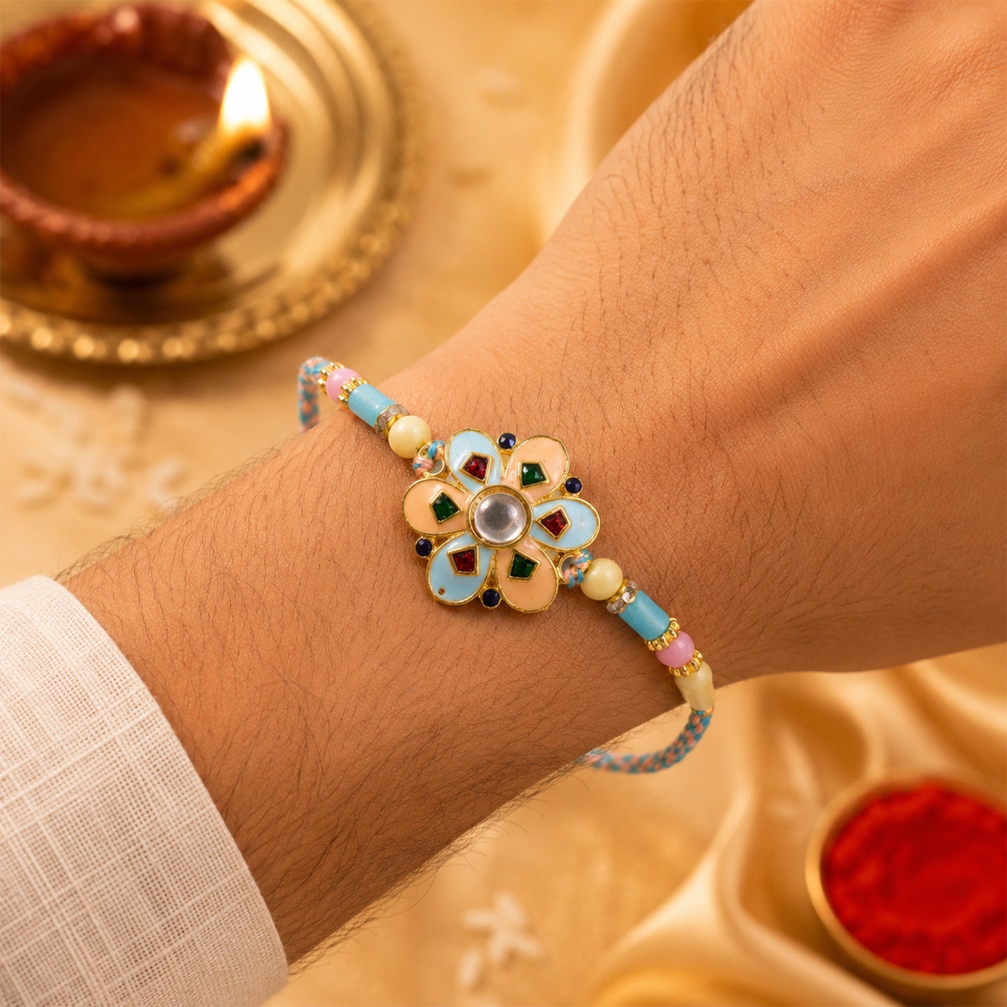 Eight Petal Floral Kundan Pendant Rakhi with Pastel Beads