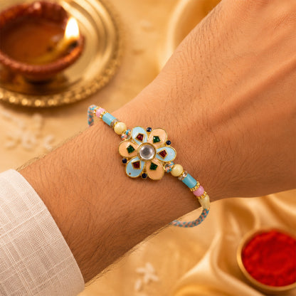 Eight Petal Floral Kundan Pendant Rakhi with Pastel Beads