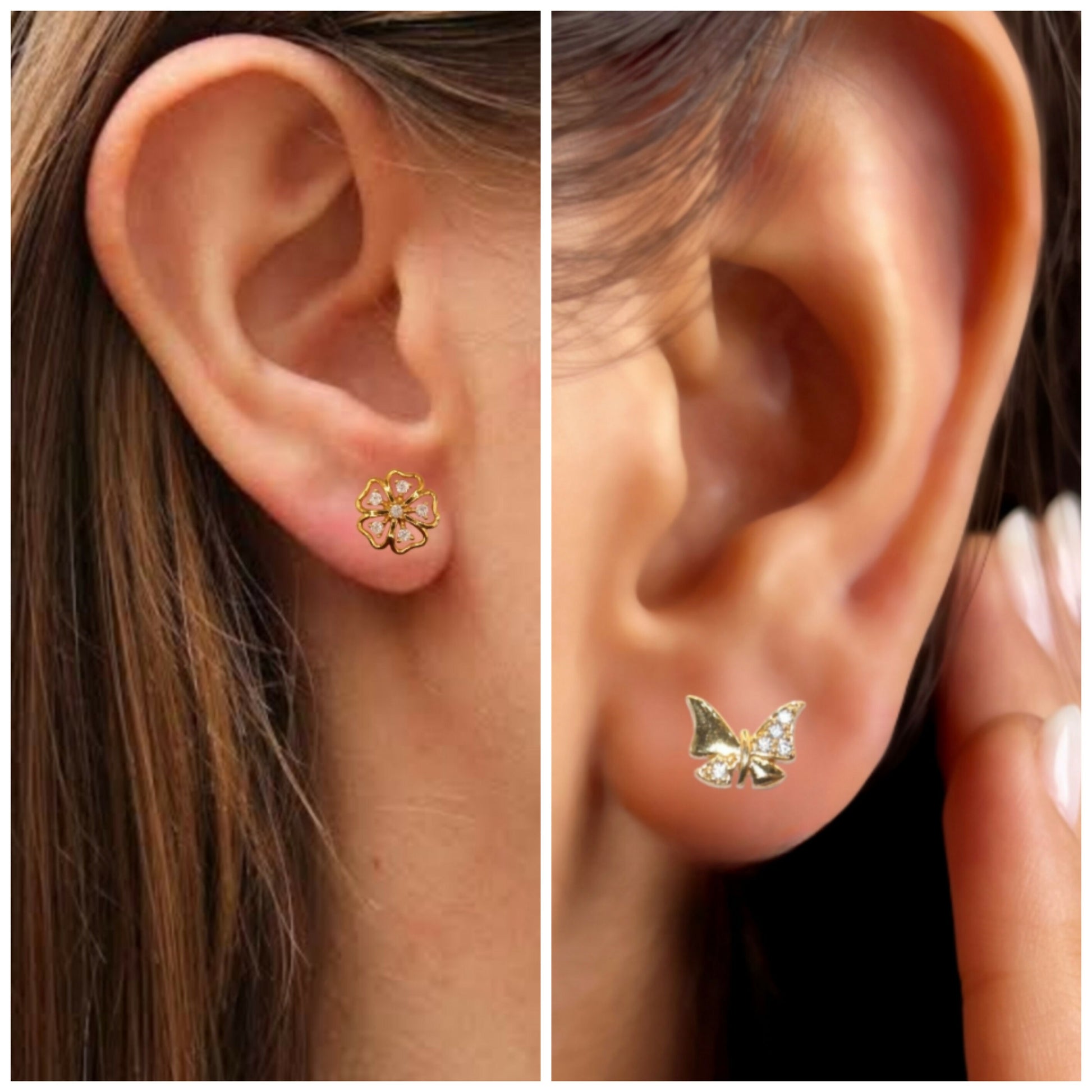 Gold Flower & Butterfly Stud Earrings Set with AD for women & girls Combo Pack of 2