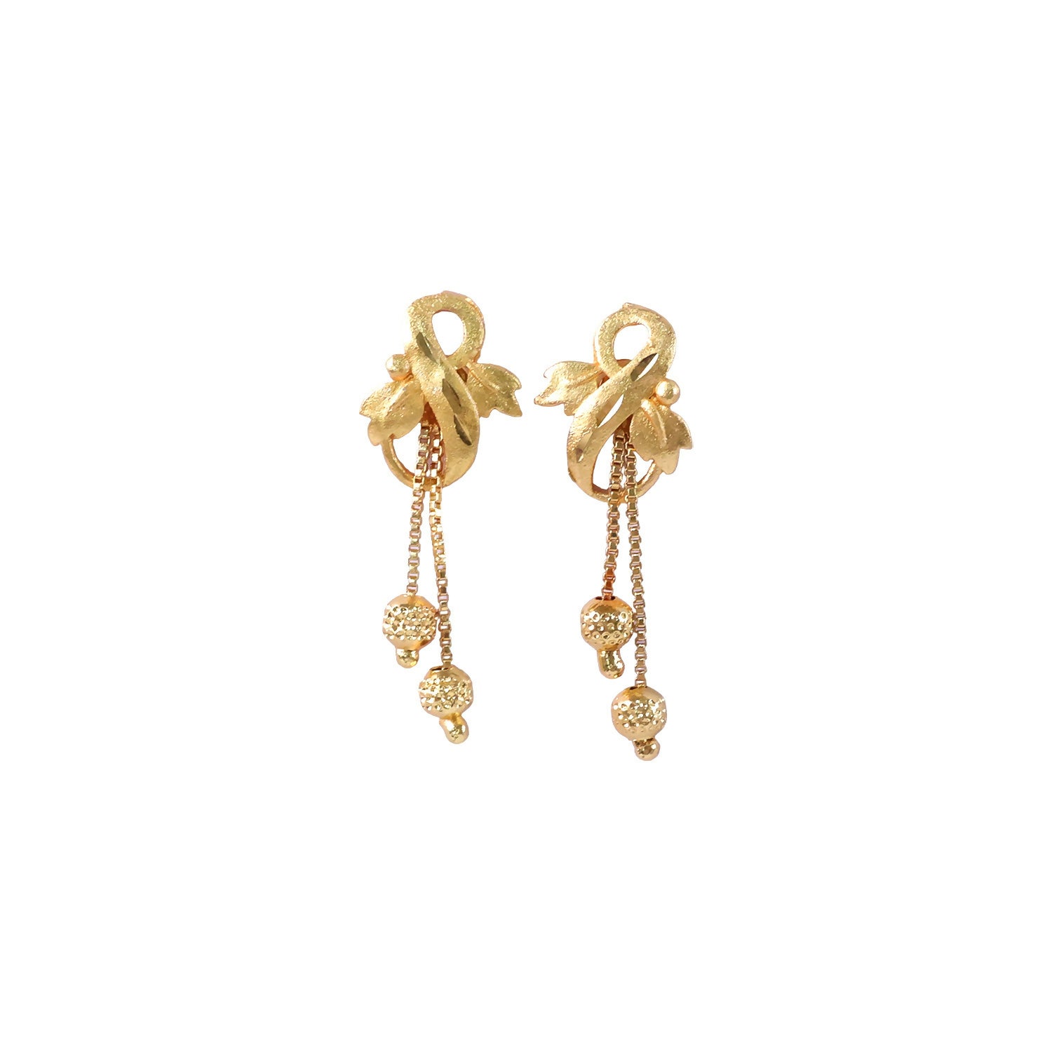 Regal Botanical Motif Gold Drop Earrings with Cascading Chain Bead Accents