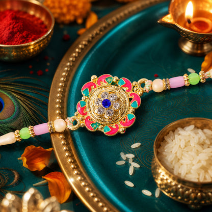 Paisley Petal Kundan Flower Pendant Rakhi with Pearl Beads