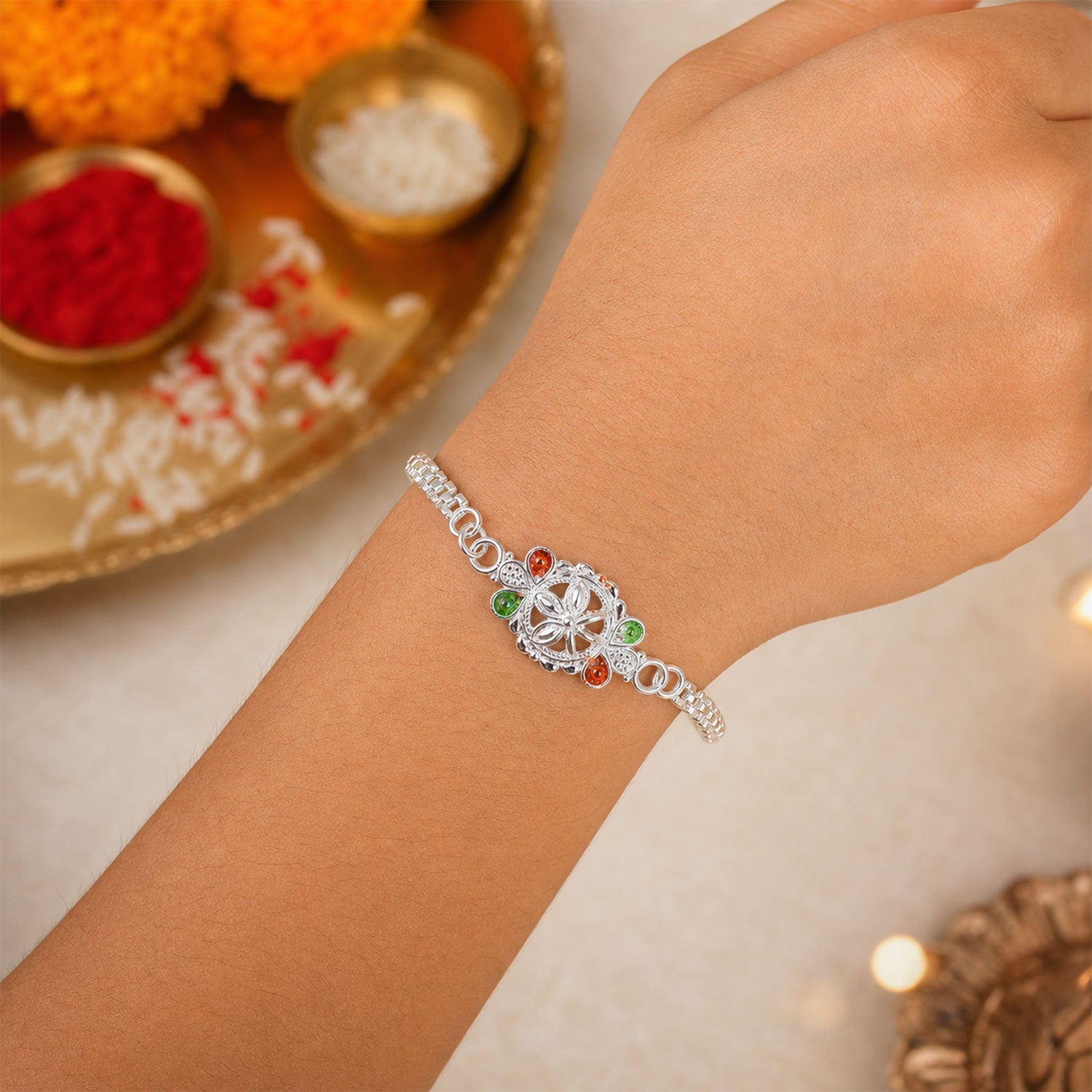 Silver Chain Rakhi for Brothers Floral Enamel Design (10pcs)