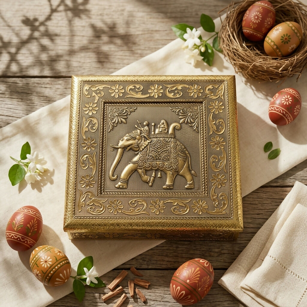 Side view of golden elephant Ambari jewelry box with embossed design