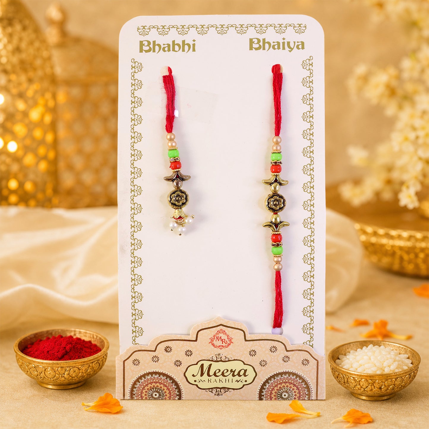Graceful Floral Cluster Bhai Bhabhi Rakhi with Flower Center and Beads for Gifting