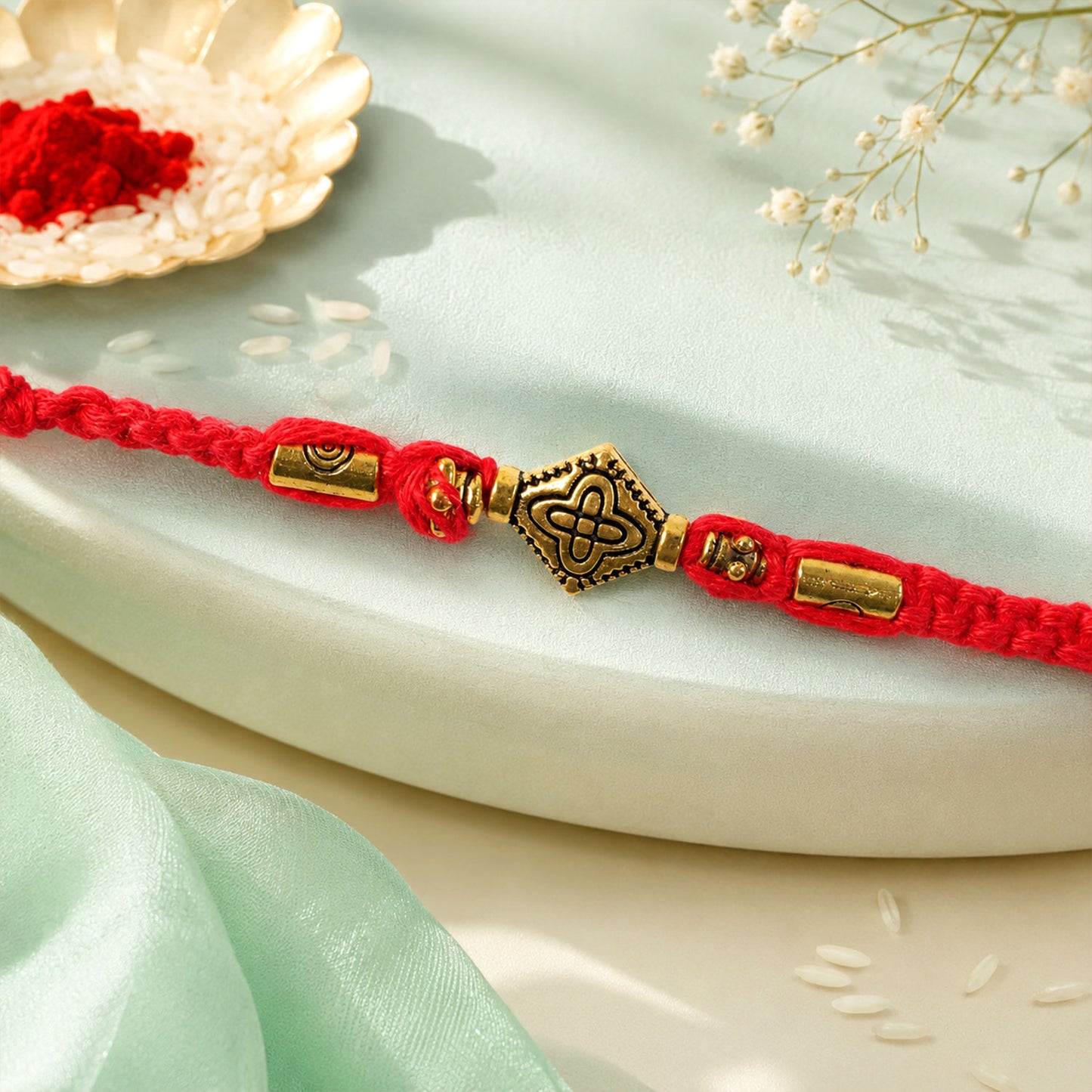 Red Thread Rakhi with an Intricately Detailed Antique Gold Charm