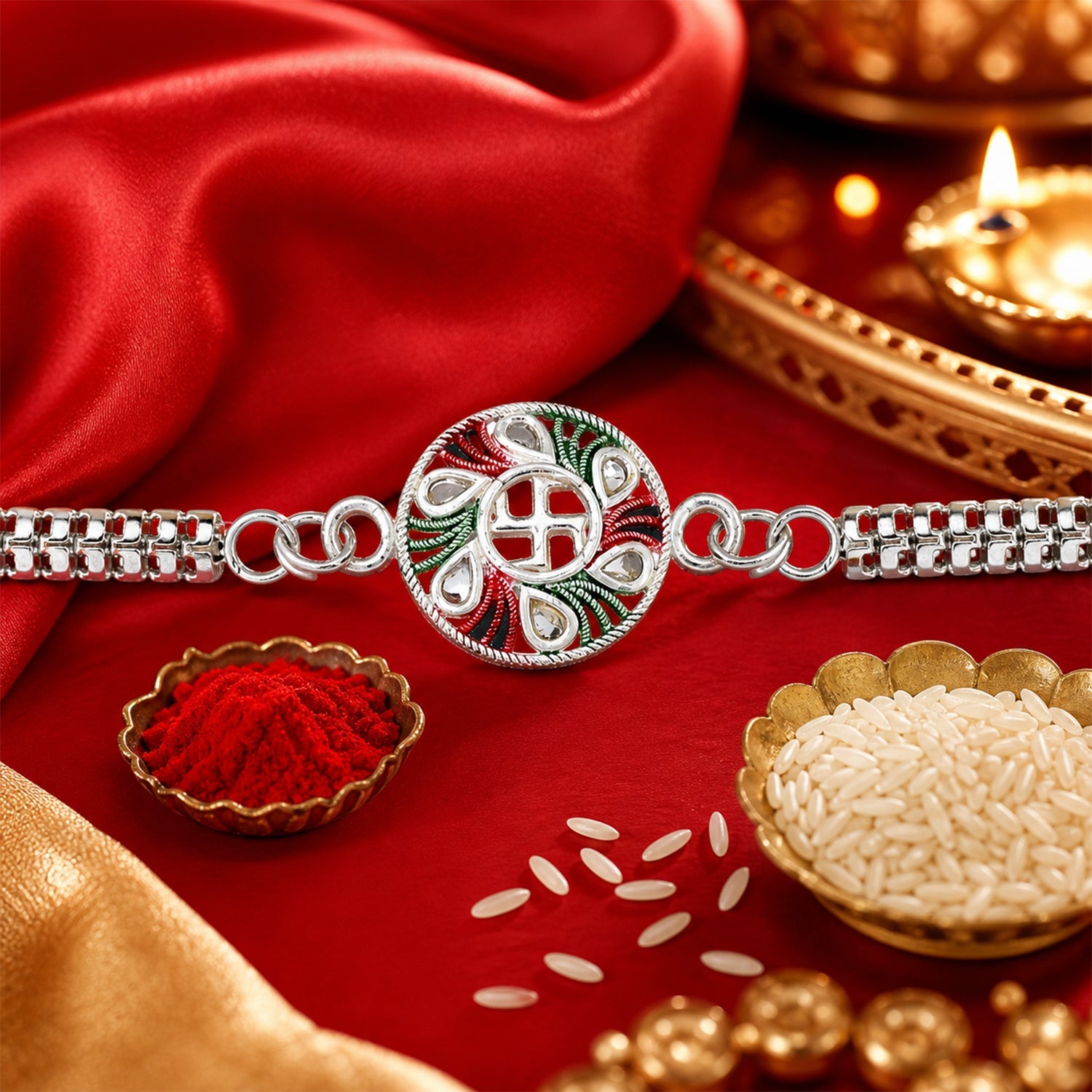 Buy Swastik Rakhi with Tricolor Enamel Silver Chain for Brother (10pcs)