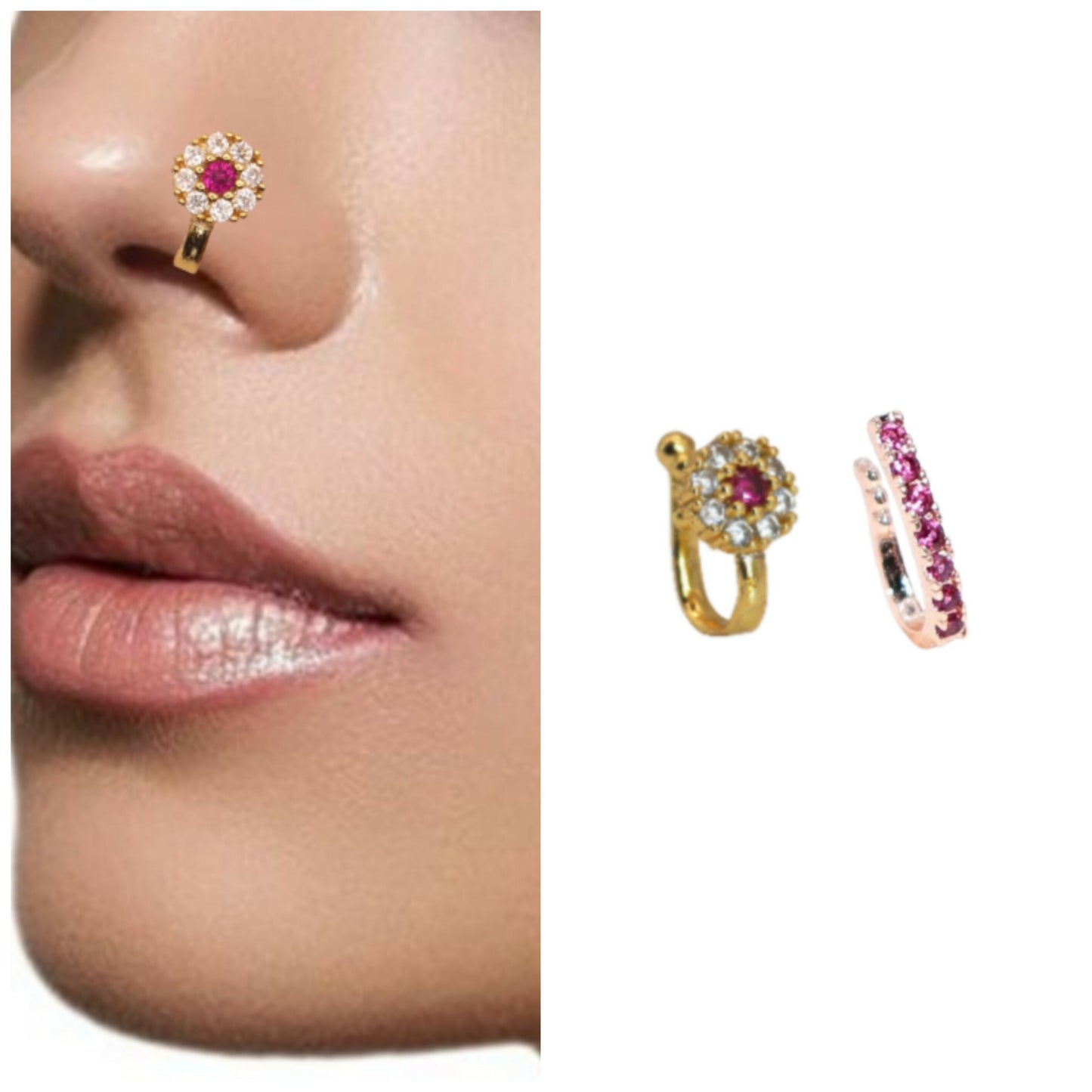 Ruby Floral Non-Piercing Nose Clip - Gold Plated Nath Combo Pack of 2