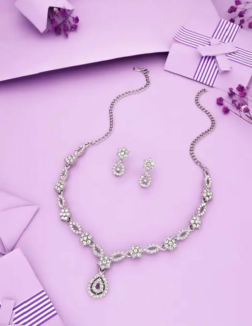 Elegant Silver-Toned American Diamond Jewellery Set