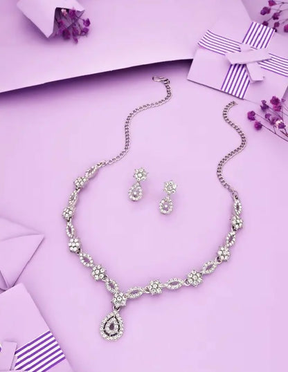 Elegant Silver-Toned American Diamond Jewellery Set