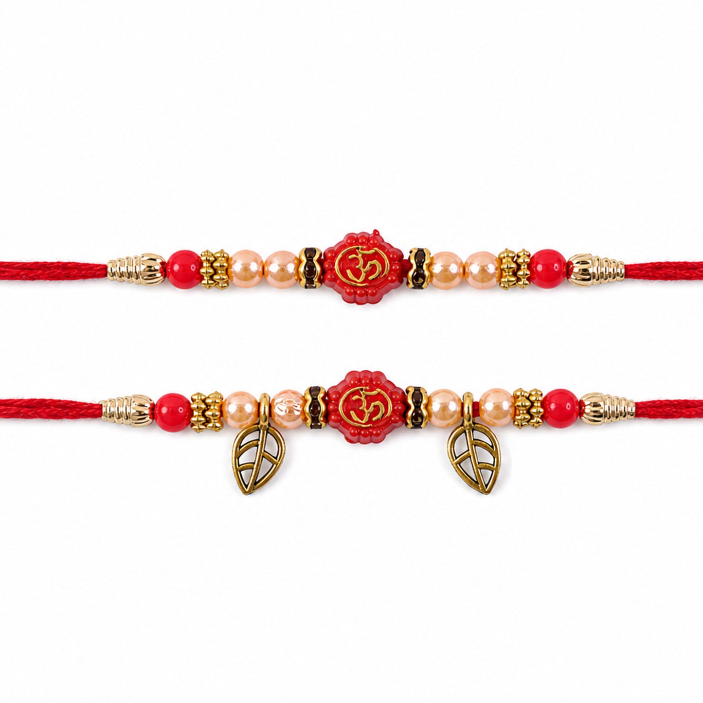 Couple Om Rakhi Set with Red Beads, Golden Leaf Charms and Festive Lumba Pair Design