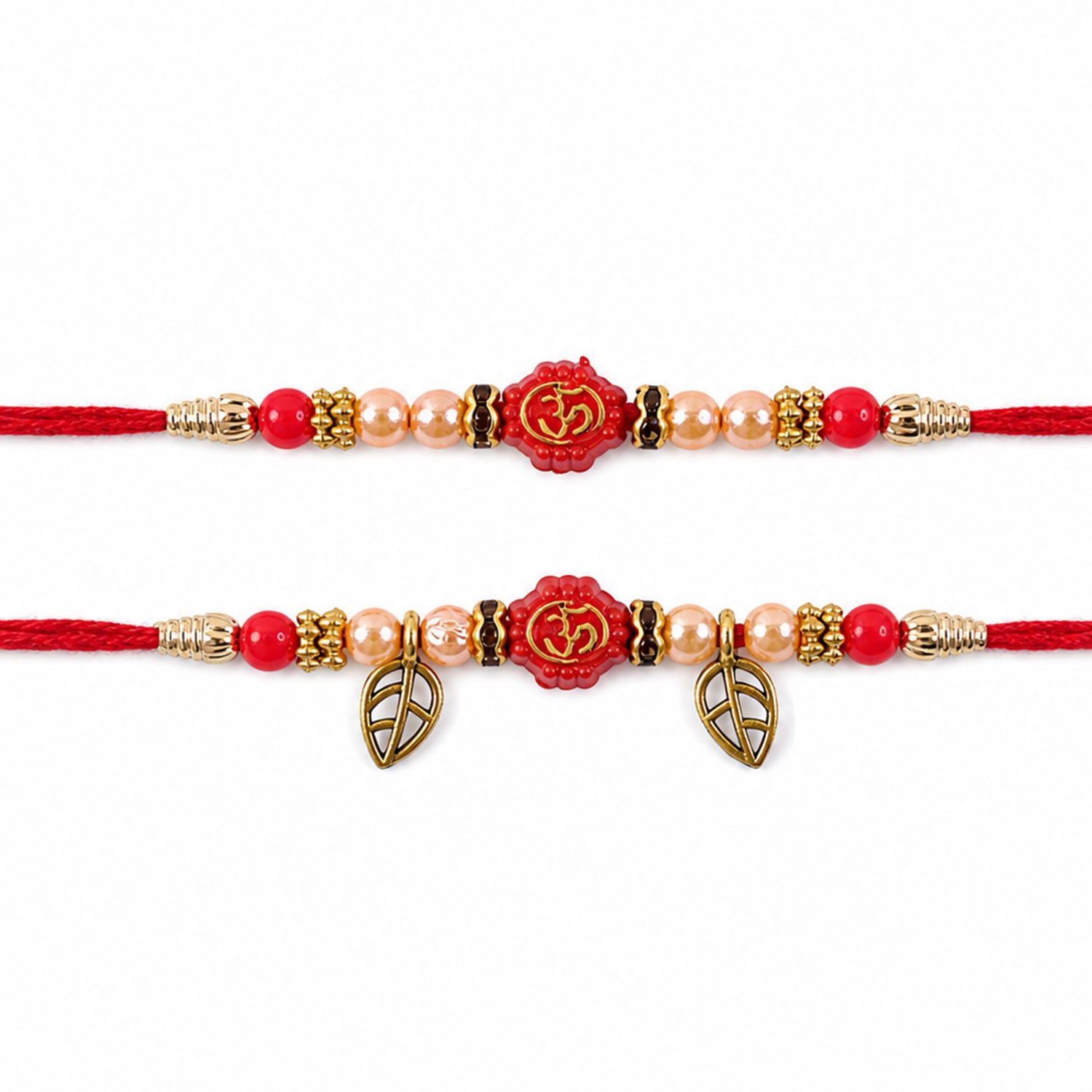 Couple Om Rakhi Set with Red Beads, Golden Leaf Charms and Festive Lumba Pair Design